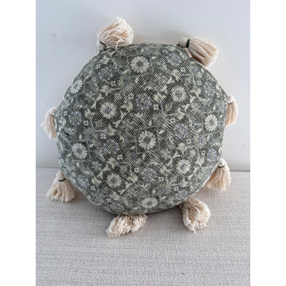 Boho Round Throw Pillow Green‎ Floral Block Print Cotton Cushion With Tassels
